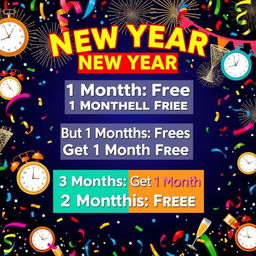 A vibrant and festive graphic displaying New Year offer details in an eye-catching and celebratory style