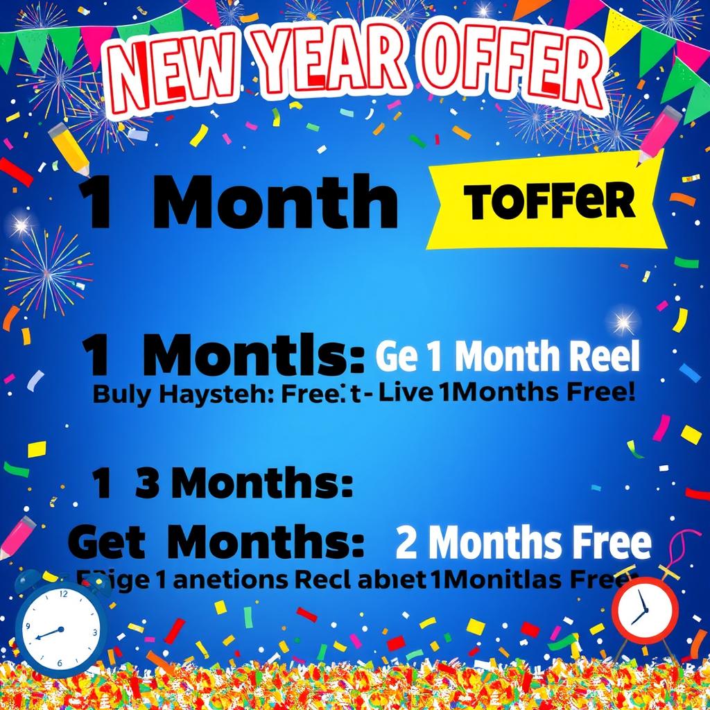 A vibrant and festive graphic displaying New Year offer details in an eye-catching and celebratory style