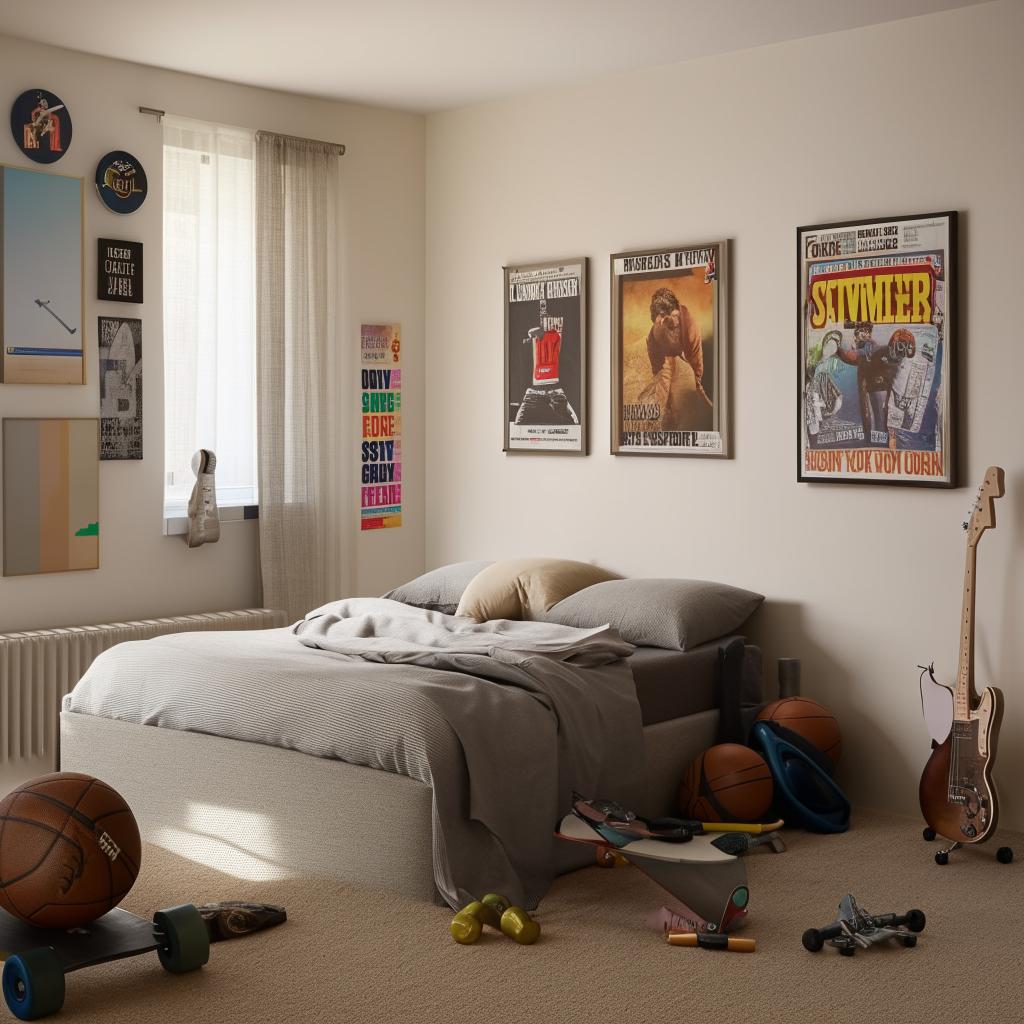 A spacious teenager's bedroom with neutral tones. Sports equipment lies casually around, a sleek desk occupies one corner for study, a bed with stylish linens, a skateboard, a guitar stand, and music and movie posters adorning the walls.