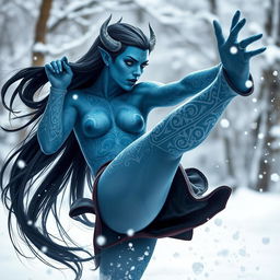A stunning blue-skinned female tiefling with intricate white tattoos adorning her skin