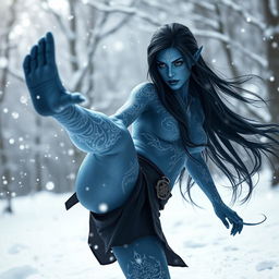 A stunning blue-skinned female tiefling with intricate white tattoos adorning her skin