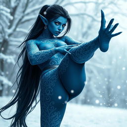 A stunning blue-skinned female tiefling with intricate white tattoos adorning her skin