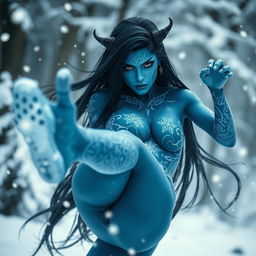 A stunning blue-skinned female tiefling with intricate white tattoos adorning her skin