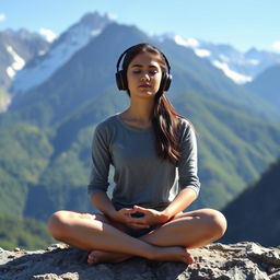 A serene scene depicting a young woman in meditation, wearing stylish headphones, surrounded by the breathtaking backdrop of the Himalayas