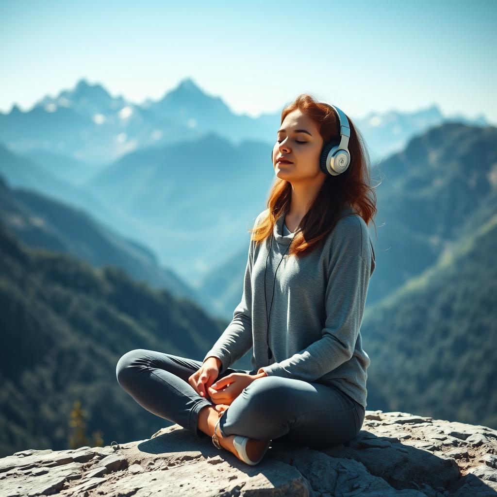 A serene scene depicting a young woman in meditation, wearing stylish headphones, surrounded by the breathtaking backdrop of the Himalayas