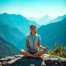 A serene scene depicting a young woman in meditation, wearing stylish headphones, surrounded by the breathtaking backdrop of the Himalayas