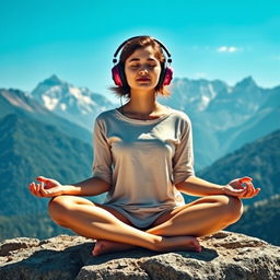A serene scene depicting a young woman in meditation, wearing stylish headphones, surrounded by the breathtaking backdrop of the Himalayas