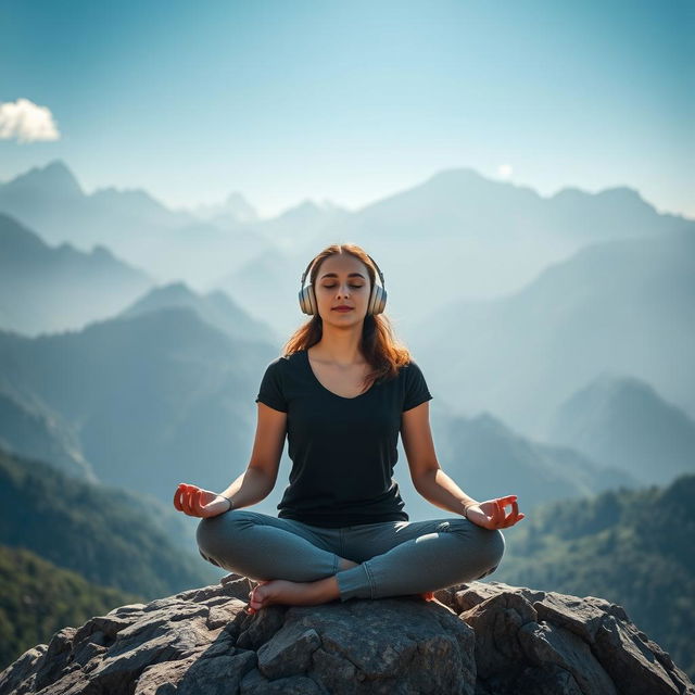 A peaceful scene featuring a young woman in meditation, wearing modern headphones, set against the majestic backdrop of the Himalayas