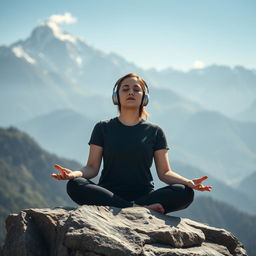 A peaceful scene featuring a young woman in meditation, wearing modern headphones, set against the majestic backdrop of the Himalayas