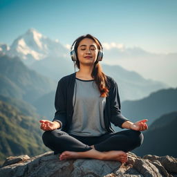 A peaceful scene featuring a young woman in meditation, wearing modern headphones, set against the majestic backdrop of the Himalayas