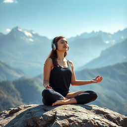 A peaceful scene featuring a young woman in meditation, wearing modern headphones, set against the majestic backdrop of the Himalayas