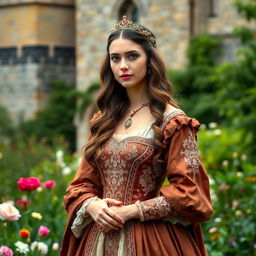 A graceful woman resembling a 15th-century princess, adorned in an elegant gown featuring intricate embroidery and rich, flowing fabrics