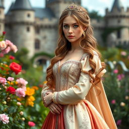 A graceful woman resembling a 15th-century princess, adorned in an elegant gown featuring intricate embroidery and rich, flowing fabrics