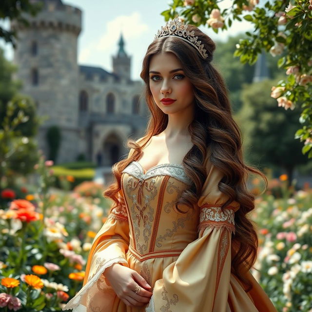 A graceful woman resembling a 15th-century princess, adorned in an elegant gown featuring intricate embroidery and rich, flowing fabrics