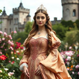 A graceful woman resembling a 15th-century princess, adorned in an elegant gown featuring intricate embroidery and rich, flowing fabrics