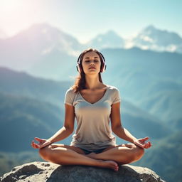 A tranquil scene of a young woman meditating while wearing sleek headphones, set against the stunning Himalayan backdrop