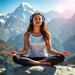 A tranquil scene of a young woman meditating while wearing sleek headphones, set against the stunning Himalayan backdrop