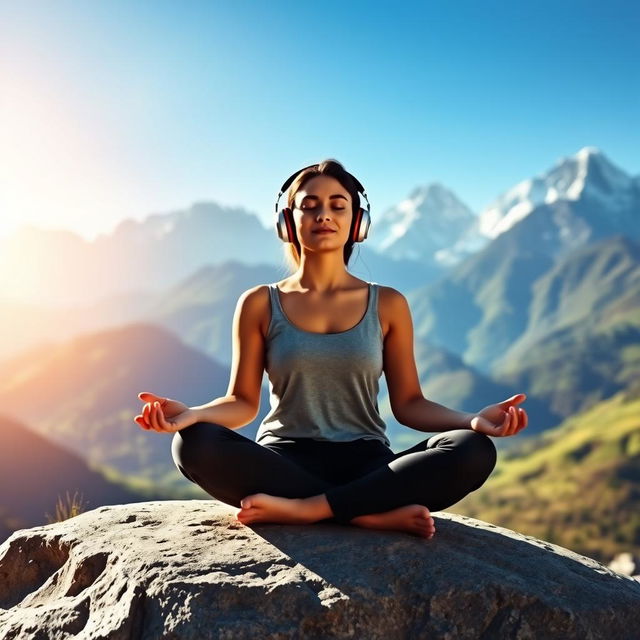 A tranquil scene of a young woman meditating while wearing sleek headphones, set against the stunning Himalayan backdrop