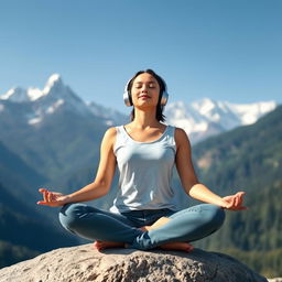 A tranquil scene of a young woman meditating while wearing sleek headphones, set against the stunning Himalayan backdrop