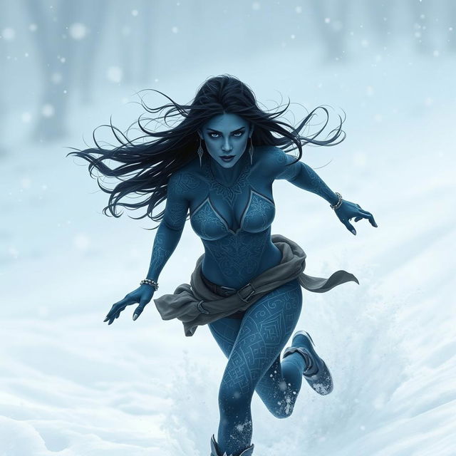 A beautiful blue-skinned tiefling woman with long black hair, adorned with intricate white tattoos, gracefully running through a snowy landscape