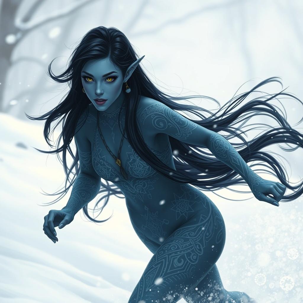 A beautiful blue-skinned tiefling woman with long black hair, adorned with intricate white tattoos, gracefully running through a snowy landscape