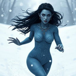 A beautiful blue-skinned tiefling woman with long black hair, adorned with intricate white tattoos, gracefully running through a snowy landscape