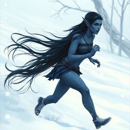 A beautiful blue-skinned tiefling woman with long black hair, adorned with intricate white tattoos, gracefully running through a snowy landscape