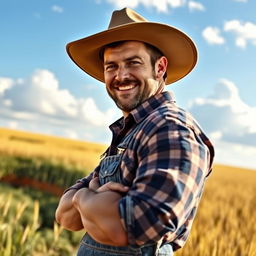 A farmer with rugged features and a warm smile, wearing a wide-brimmed hat, standing confidently, looking directly at the camera from a side pose