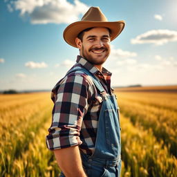 A farmer with rugged features and a warm smile, wearing a wide-brimmed hat, standing confidently, looking directly at the camera from a side pose