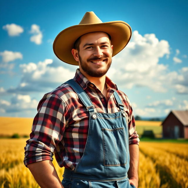 A farmer with rugged features and a warm smile, wearing a wide-brimmed hat, standing confidently, looking directly at the camera from a side pose