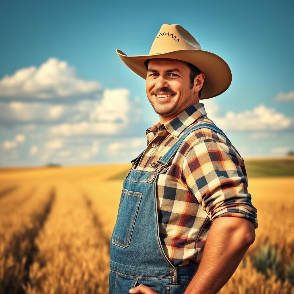 A farmer with rugged features and a warm smile, wearing a wide-brimmed hat, standing confidently, looking directly at the camera from a side pose