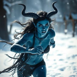 A strikingly beautiful blue-skinned tiefling woman with long black hair, her lips painted in a captivating blue