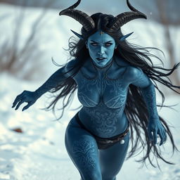 A strikingly beautiful blue-skinned tiefling woman with long black hair, her lips painted in a captivating blue