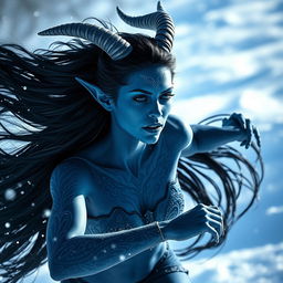 A strikingly beautiful blue-skinned tiefling woman with long black hair, her lips painted in a captivating blue