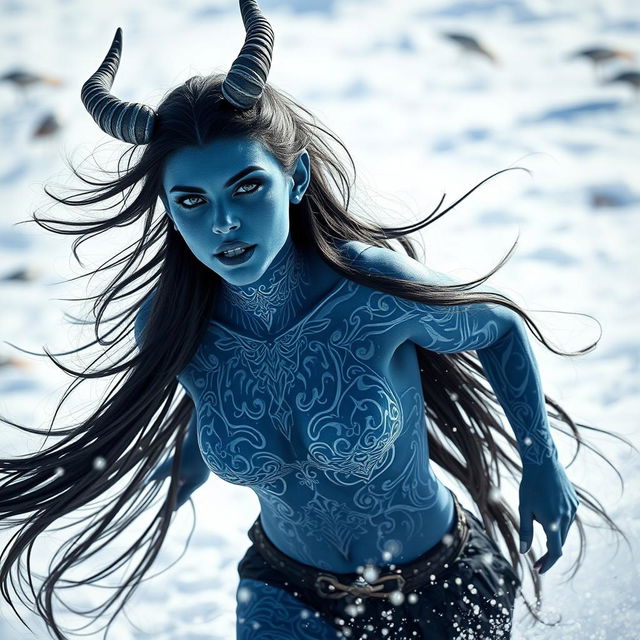 A strikingly beautiful blue-skinned tiefling woman with long black hair, her lips painted in a captivating blue