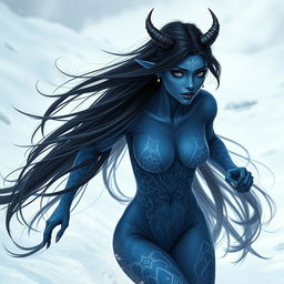 A blue-skinned tiefling woman with strikingly beautiful features, long black hair flowing behind her as she runs through a snowy landscape