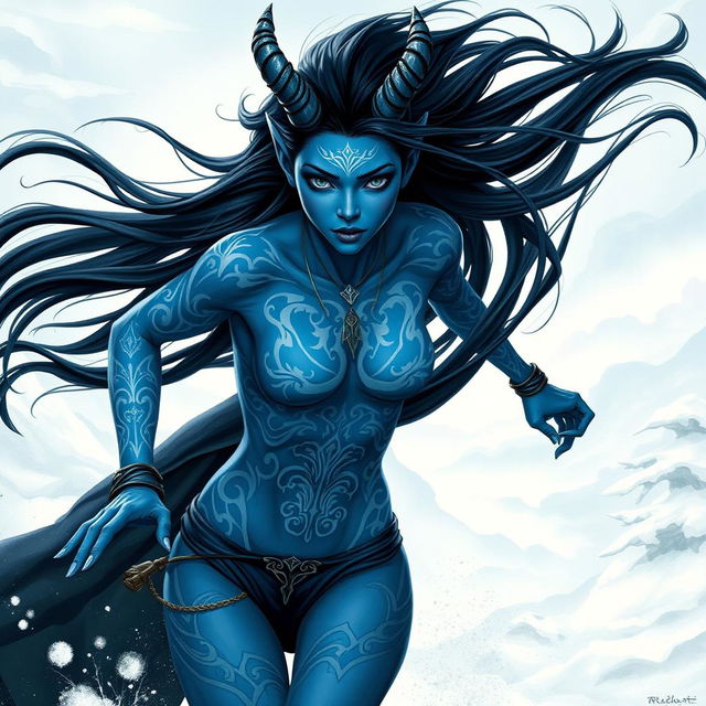 A blue-skinned tiefling woman with strikingly beautiful features, long black hair flowing behind her as she runs through a snowy landscape