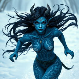 A blue-skinned tiefling woman with strikingly beautiful features, long black hair flowing behind her as she runs through a snowy landscape