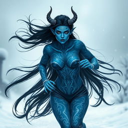 A blue-skinned tiefling woman with strikingly beautiful features, long black hair flowing behind her as she runs through a snowy landscape