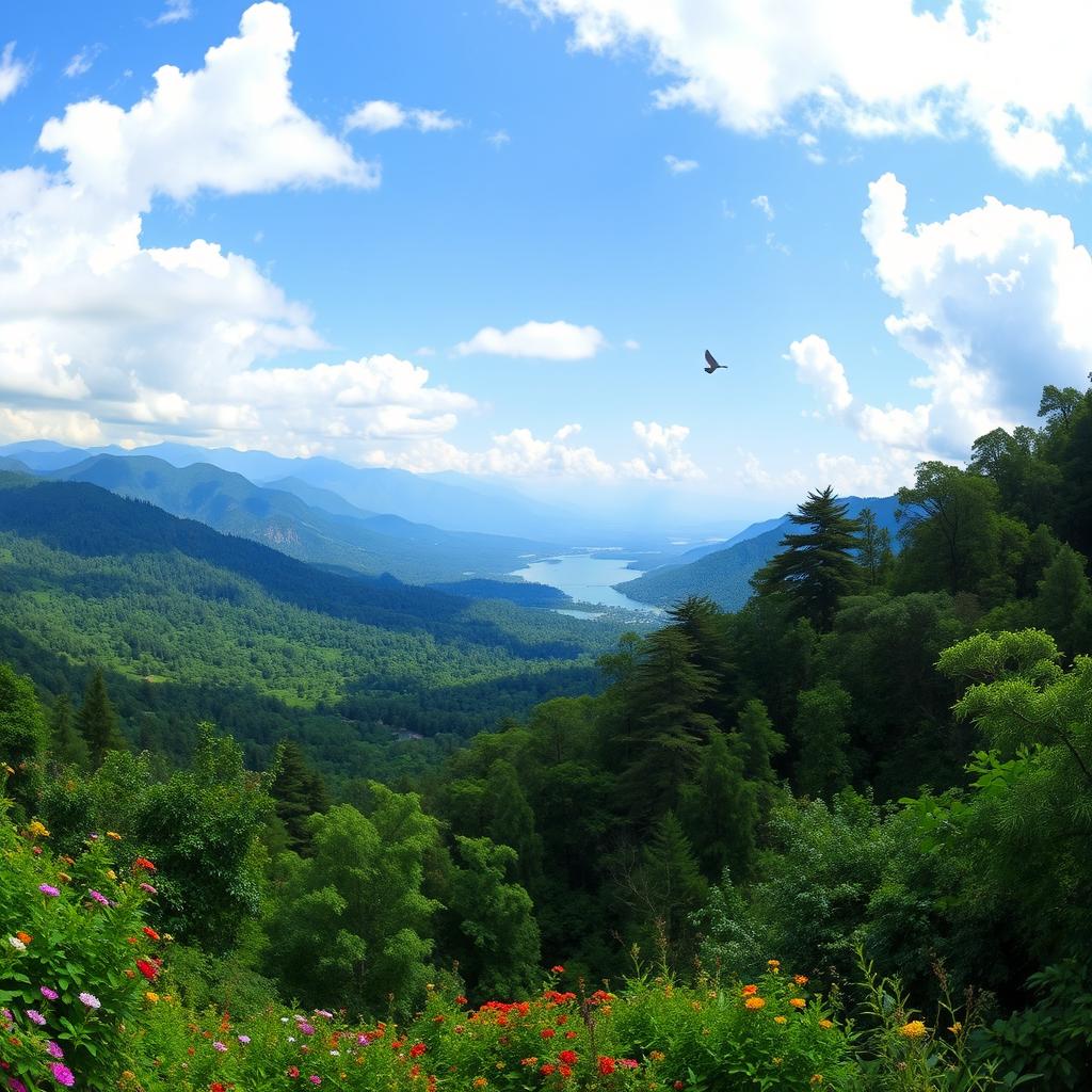 A breathtaking panoramic view of the lush forests of Nepal, showcasing a diverse landscape filled with vibrant green trees, dense foliage, and the majestic backdrop of the Himalayas