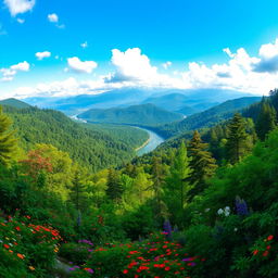 A breathtaking panoramic view of the lush forests of Nepal, showcasing a diverse landscape filled with vibrant green trees, dense foliage, and the majestic backdrop of the Himalayas