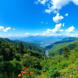 A breathtaking panoramic view of the lush forests of Nepal, showcasing a diverse landscape filled with vibrant green trees, dense foliage, and the majestic backdrop of the Himalayas