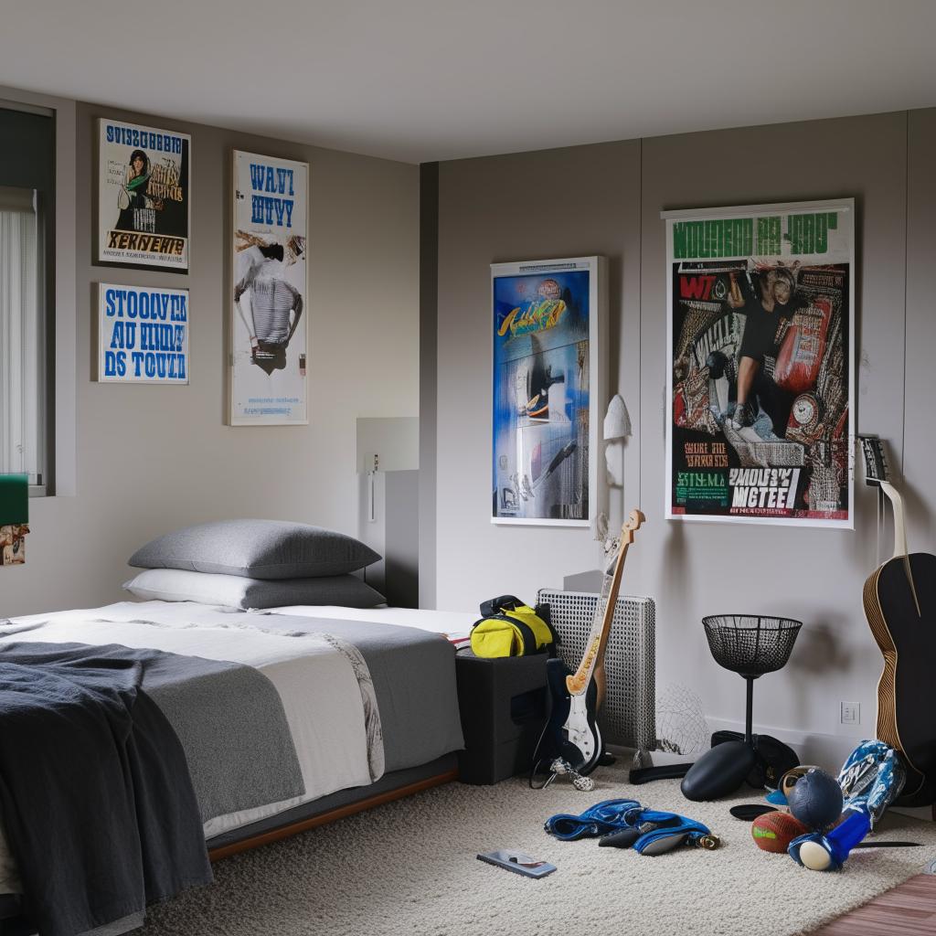 A spacious teenager's bedroom with neutral tones. Sports equipment lies casually around, a sleek desk occupies one corner for study, a bed with stylish linens, a skateboard, a guitar stand, and music and movie posters adorning the walls.