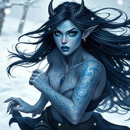 A stunning blue-skinned tiefling woman with long black hair, featuring intricate white tattoos on her skin