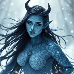 A stunning blue-skinned tiefling woman with long black hair, featuring intricate white tattoos on her skin