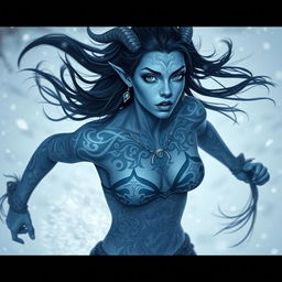 A stunning blue-skinned tiefling woman with long black hair, featuring intricate white tattoos on her skin