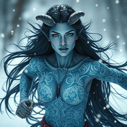 A stunning blue-skinned tiefling woman with long black hair, featuring intricate white tattoos on her skin