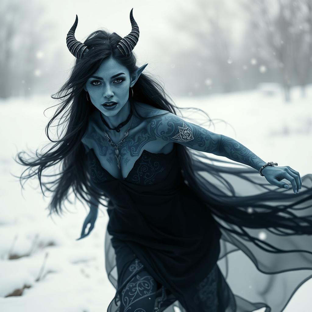 A beautiful blue-skinned tiefling woman with long black hair, featuring striking blue lips and intricate white tattoos adorning her skin