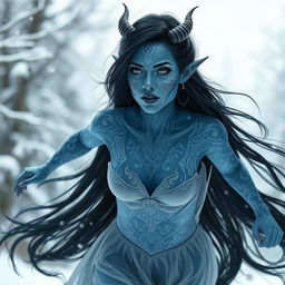 A beautiful blue-skinned tiefling woman with long black hair, featuring striking blue lips and intricate white tattoos adorning her skin
