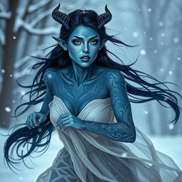 A beautiful blue-skinned tiefling woman with long black hair, featuring striking blue lips and intricate white tattoos adorning her skin